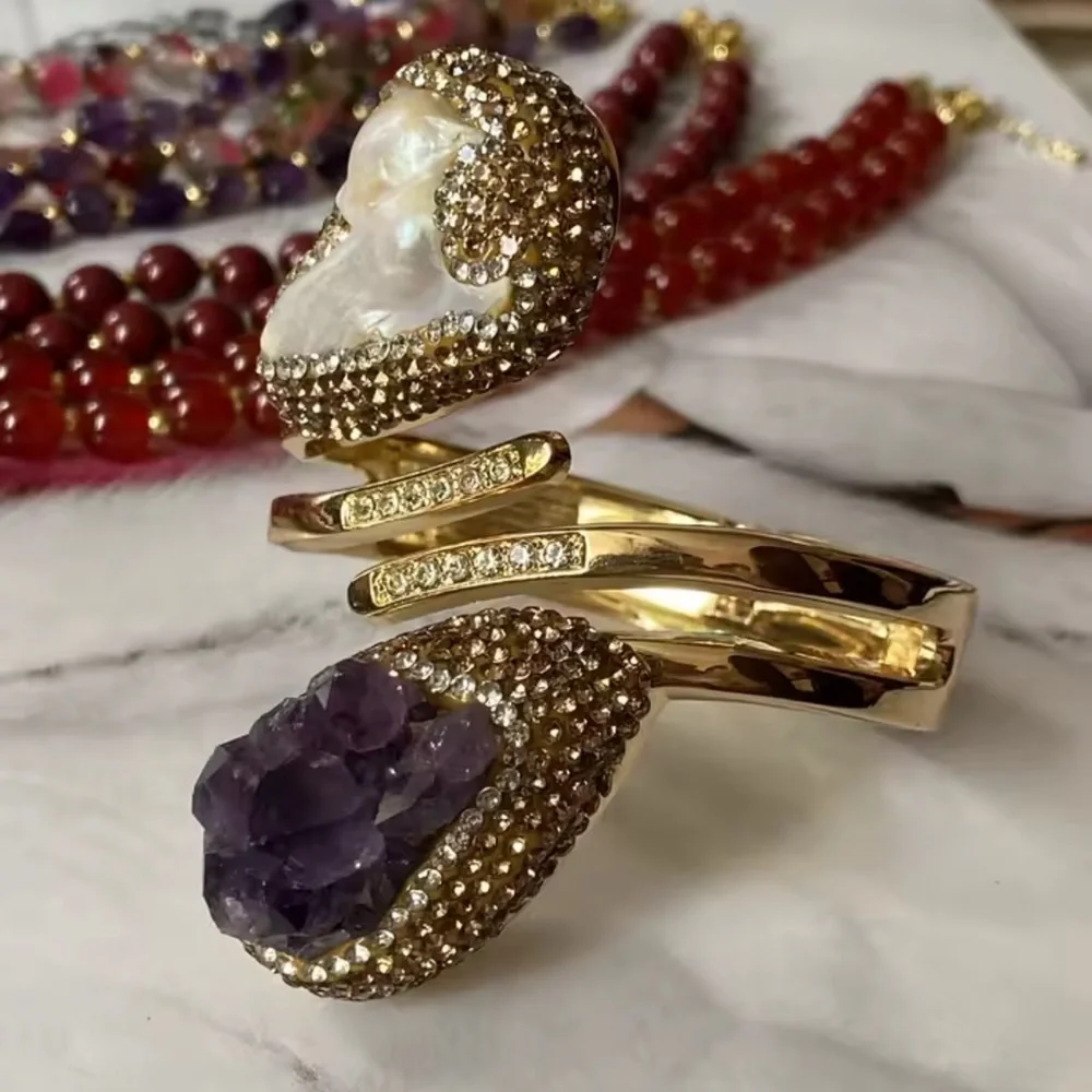 Natural Stone Amethyst & Baroque Pearl Gold Cuff Bracelet - Picture 6 of 17